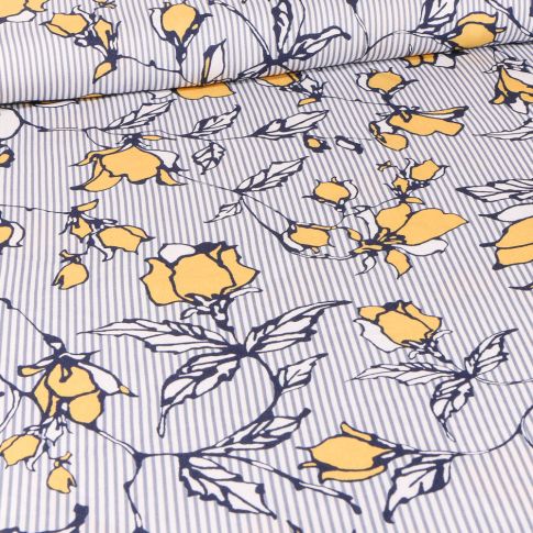 Tissu Viscose légère Roses jaunes et rayures sur fond Blanc
