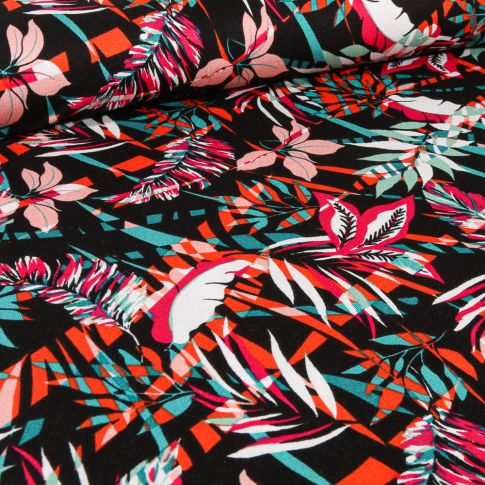 Tissu Jersey Viscose  Tropic Night sur fond Noir