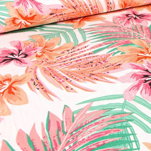 Tissu Jersey Viscose  Tropico sur fond Blanc