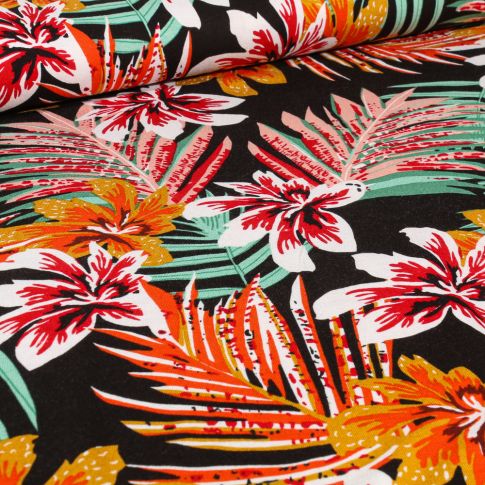 Tissu Jersey Viscose  Tropico sur fond Noir