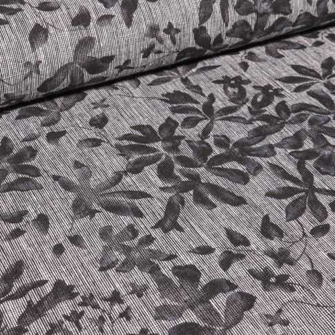 Tissu Lin Coton  Fleurs et feuilles sur fond Gris chiné