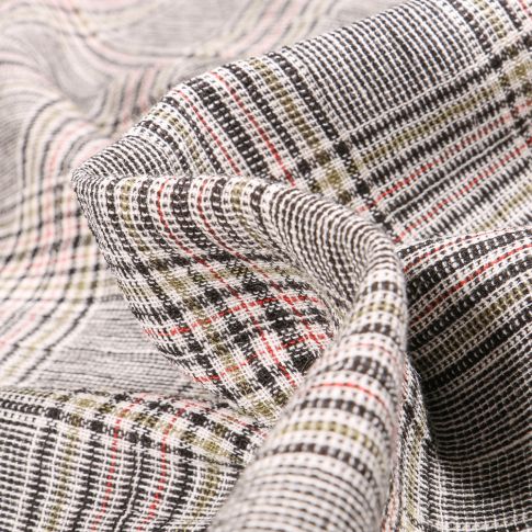Tissu Lin gauffré Ecossais noir et rouge sur fond Blanc cassé