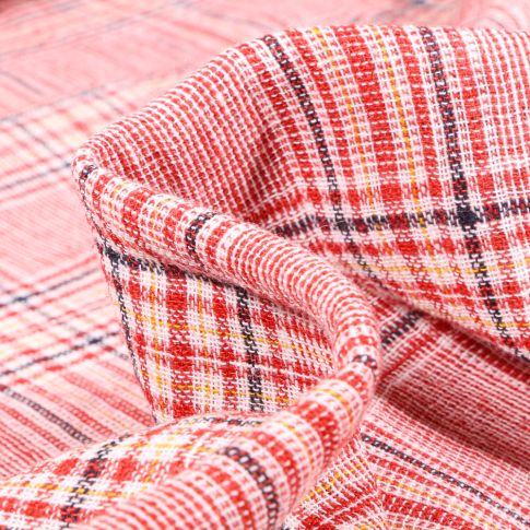 Tissu Lin gauffré Ecossais rouge sur fond Blanc cassé