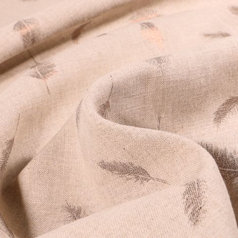 Tissu Lin Coton Plumes métallisées sur fond Beige