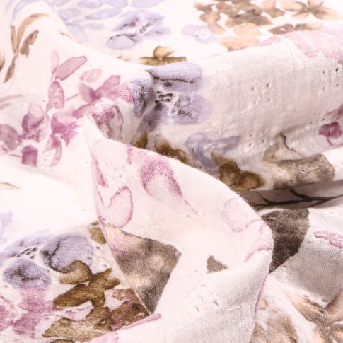 Tissu Double gaze ajouré brodé Aquarelle fleuris parme sur fond Blanc cassé