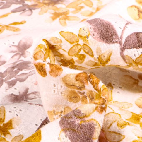 Tissu Double gaze ajouré brodé Aquarelle fleuris ocre sur fond Blanc cassé