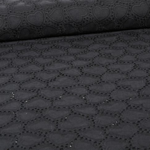 Tissu Broderie anglaise Hearts sur fond Noir