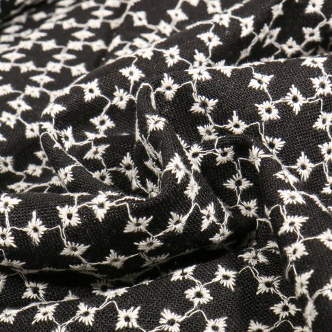 Tissu Viscose Lin Brodé Eleonor Noir