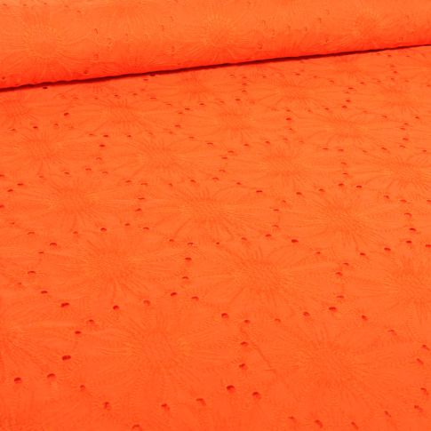 Tissu Broderie anglaise Pâquerette sur fond Orange