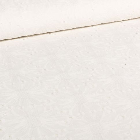 Tissu Broderie anglaise Pâquerette sur fond Blanc