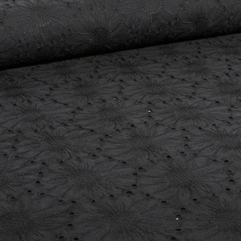 Tissu Broderie anglaise Pâquerette sur fond Noir
