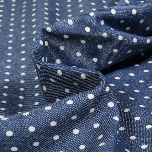 Tissu Chambray  Pois blanc sur fond Bleu denim
