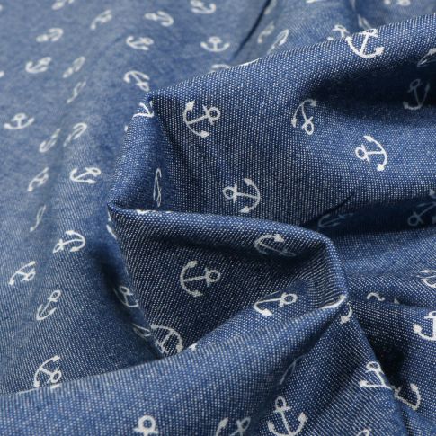 Tissu Chambray  Ancres blanches sur fond Bleu denim