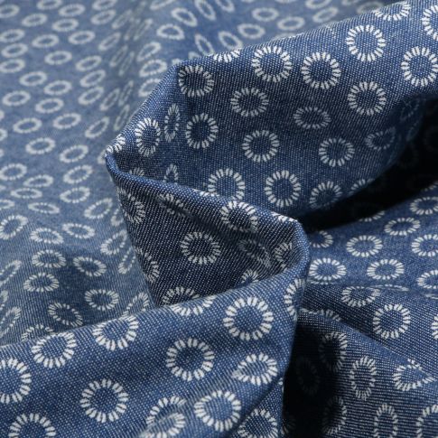 Tissu Chambray  Cercles soleil sur fond Bleu denim