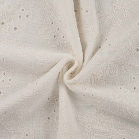 Tissu Double gaze ajouré Fleurs brodées sur fond Blanc cassé