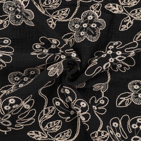 Tissu Double gaze ajouré Fleurs brodées sur fond Noir