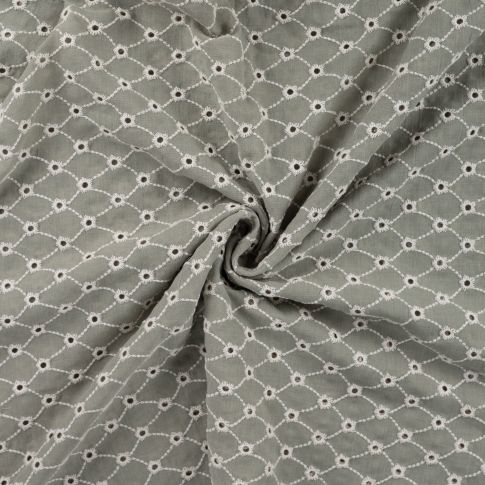 Tissu Gaze de Coton motifs brodés sur fond Vert kaki