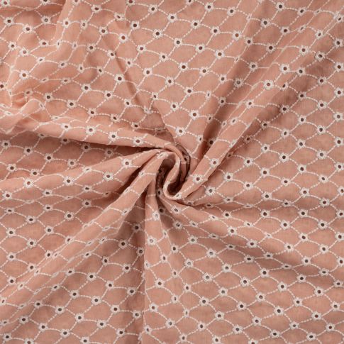 Tissu Gaze de Coton motifs brodés sur fond Saumon