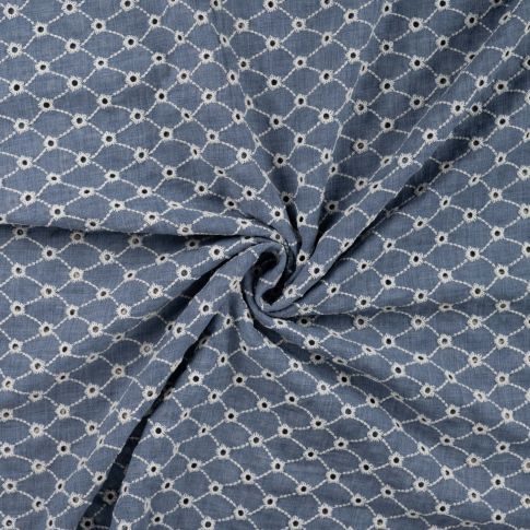 Tissu Gaze de Coton motifs brodés sur fond Bleu denim