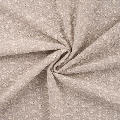 Tissu Gaze de Coton Fleurs brodées sur fond Beige sable