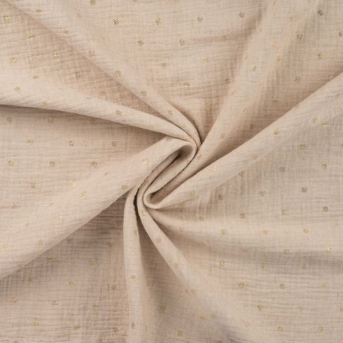 Tissu Double gaze Coton Lin Pois dorés sur fond Beige