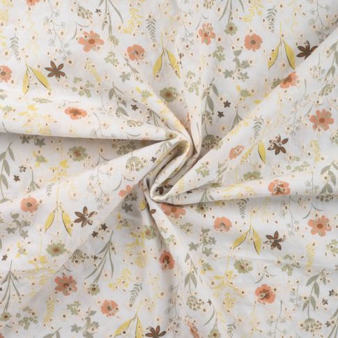 Tissu Coton brodé ajouré imprimé fleuris kaki sur fond Blanc