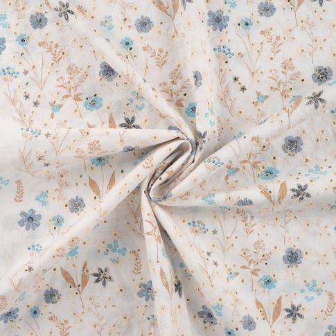 Tissu Coton brodé ajouré imprimé fleuris bleu sur fond Blanc