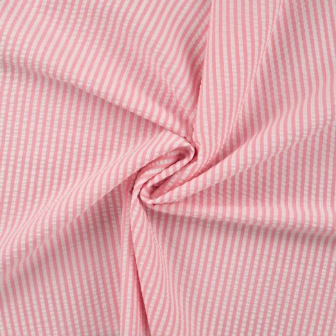 Tissu Popeline de Coton Seersucker Rayé Rose bébé