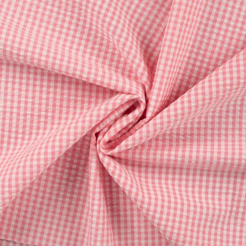 Tissu Seersucker Coton Vichy Rose clair sur fond Blanc