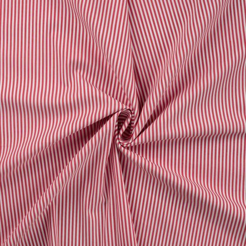 Tissu Popeline de Coton extensible rayé rouge sur fond Blanc