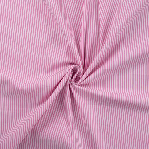 Tissu Popeline de Coton extensible rayé rose sur fond Blanc