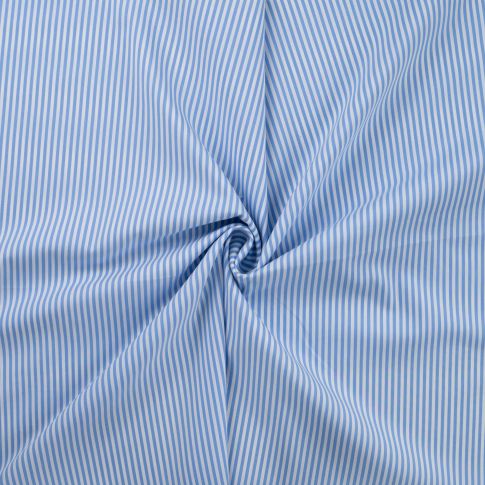 Tissu Popeline de Coton extensible rayé bleu sur fond Blanc