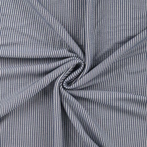 Tissu Jersey Seersucker rayé Bleu marine