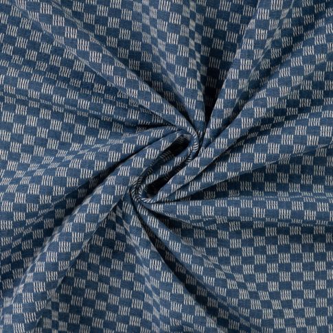 Tissu Jean Coton Carreaux sur fond Bleu denim