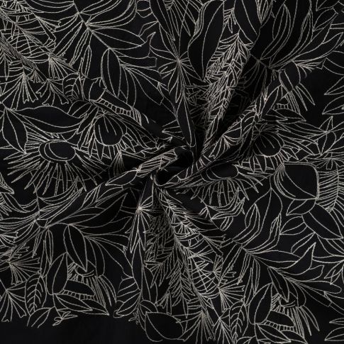 Tissu Coton brodé imprimé Floral sur fond Noir