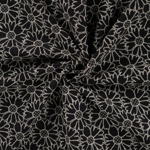 Tissu Coton brodé imprimé Fleurs sur fond Noir