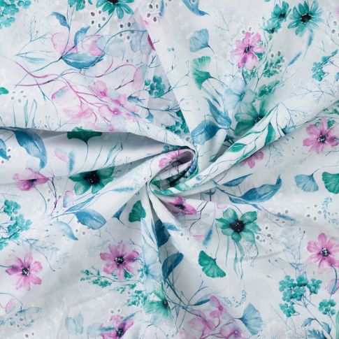Tissu Voile de Coton Fleurs imprimées et brodées sur fond Blanc