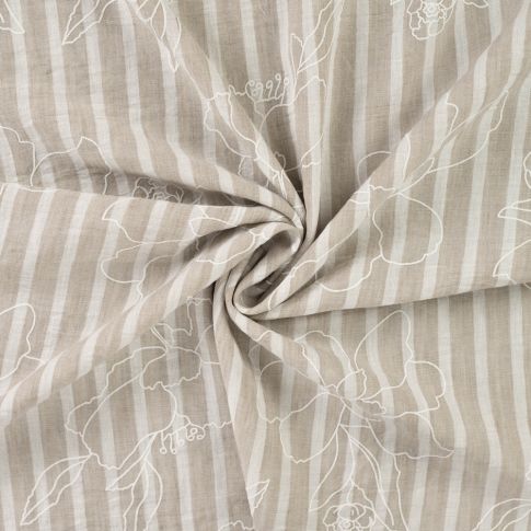 Tissu Aspect Lin rayures et fleurs sur fond Beige