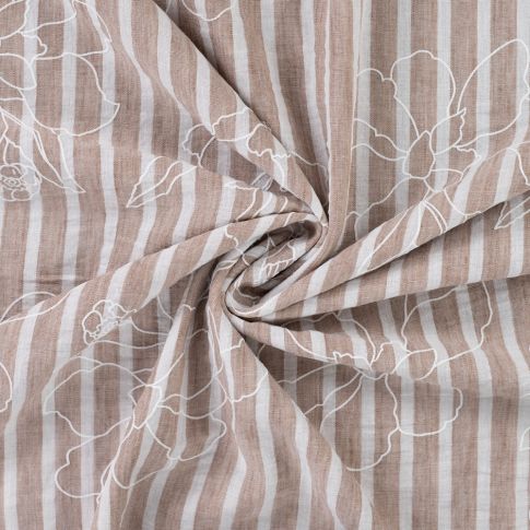 Tissu Aspect Lin rayures et fleurs sur fond Taupe