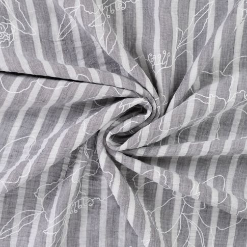 Tissu Aspect Lin rayures et fleurs sur fond Gris