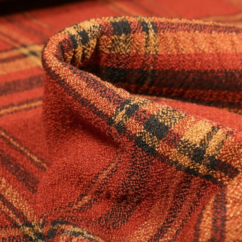 Tissu Crêpe texturé Carreaux noirs sur fond Orange