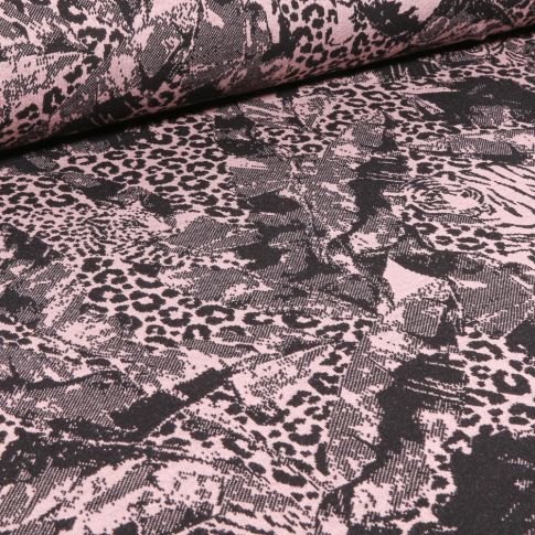 Tissu Maille Polyviscose  Léo sur fond Noir