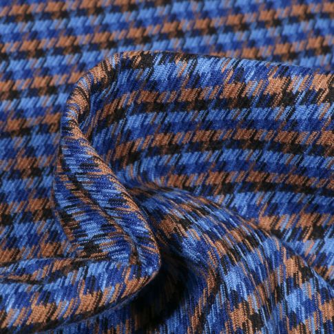 Tissu Jacquard polyviscose  Pied de poule sur fond Bleu roi
