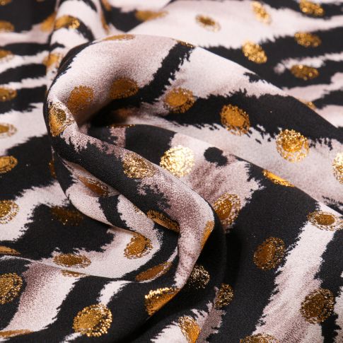 Tissu Crêpe georgette Zébré et pois dorés sur fond Blanc cassé