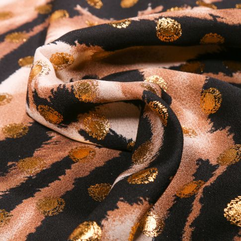 Tissu Crêpe georgette Zébré et pois dorés sur fond Beige
