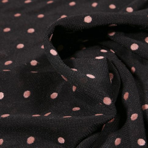 Tissu Tulle souple Pois en relief velours rose sur fond Noir
