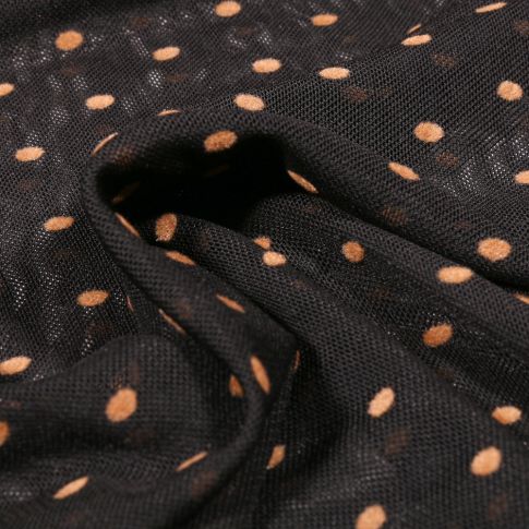 Tissu Tulle souple Pois en relief velours beige sur fond Noir