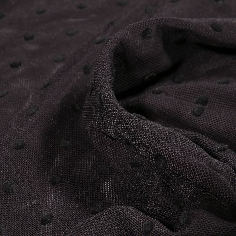 Tissu Tulle souple Pois en relief velours noir sur fond Noir