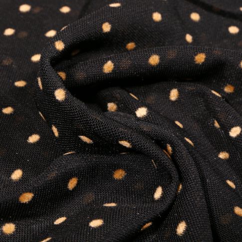 Tissu Tulle souple Pois en relief velours ocre sur fond Noir