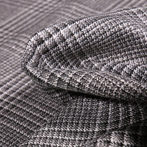 Tissu Jacquard polyviscose extensible Carreaux Ecossais noir et gris lurex sur fond Blanc